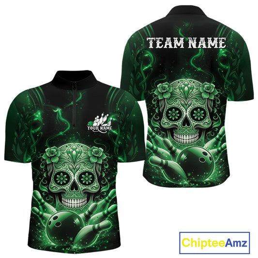 Front and back mockup of a black and green mens bowling quarter-zip shirt showcasing a floral sugar skull motif above a bowling ball and bowling pins.