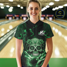 Load image into Gallery viewer, Custom Green Sugar Skull Bowling Women Quarter-Zip Shirt, Halloween Team Bowling Outfit IPHW11147