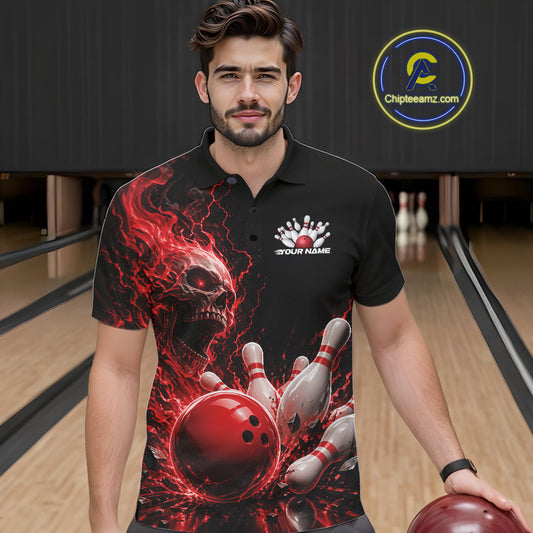 Front view of a male model in a bowling alley wearing a black bowling polo with a red flaming skull, lightning, bowling pins, and a custom name.
