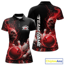 Load image into Gallery viewer, Front and back mockup of a black women's bowling polo featuring a red flaming skull, lightning, bowling pins, and a custom name.