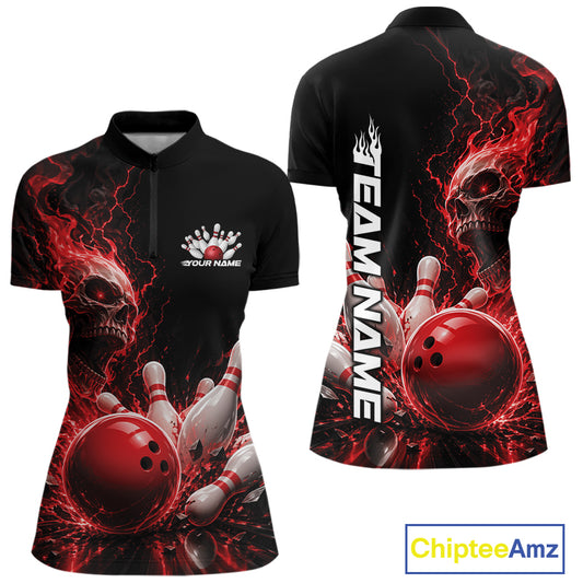Front and back mockup of a black women's quarter zip bowling shirt featuring a red flaming skull, lightning, bowling pins, and a custom name.
