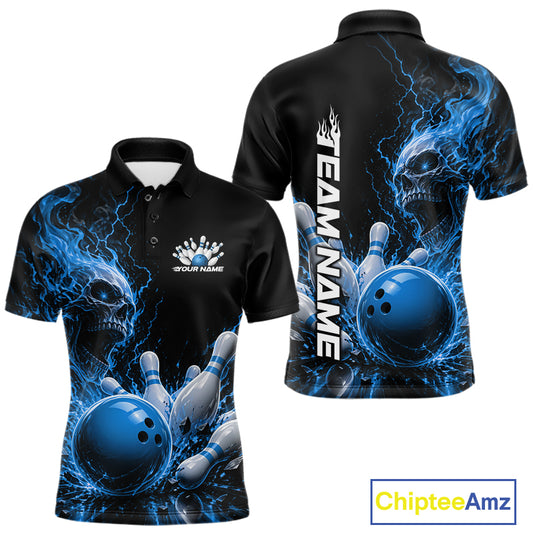 Front and back views of a men's bowling polo shirt mockup featuring a blue fiery skull design with lightning striking a bowling ball and pins, plus custom name on a black shirt.

