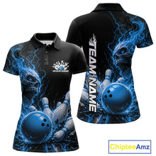 Load image into Gallery viewer, Front and back mockup of a black women's bowling polo featuring a blue flaming skull, lightning, bowling pins, and a custom name.
