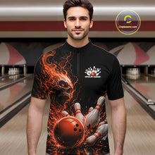 Load image into Gallery viewer, Front view of a male model in a bowling alley wearing a black quarter zip bowling shirt with an orange flaming skull, lightning, bowling pins, and a custom name.
