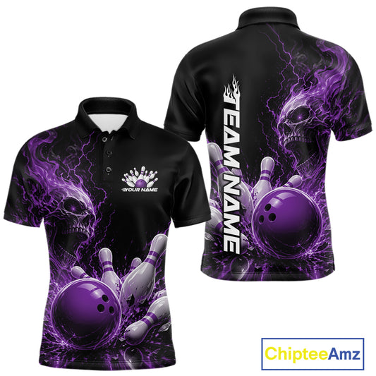 Front and back mockup of a black men's bowling polo featuring a purple flaming skull, lightning, bowling pins, and a custom name.
