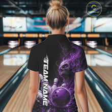 Load image into Gallery viewer, Custom Name Purple Flame Skull Bowling Women Quarter-Zip Shirts, Halloween Team Outfit IPHW11394