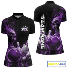 Load image into Gallery viewer, Custom Name Purple Flame Skull Bowling Women Quarter-Zip Shirts, Halloween Team Outfit IPHW11394