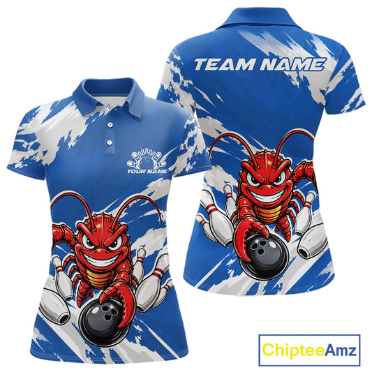 Front and back views of a blue custom women's bowling polo shirt featuring a fierce yet funny crawfish bowling character and a distressed background design.