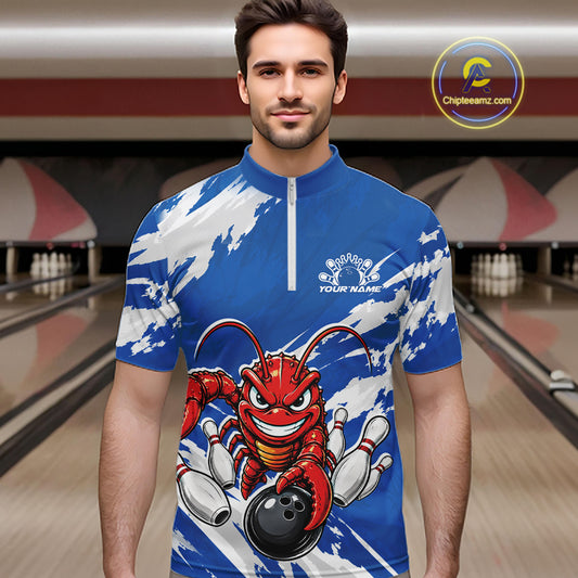 Front view of a male model in a bowling alley wearing a blue custom quarter zip bowling shirt with an aggressive crawfish bowling design and a distressed background.