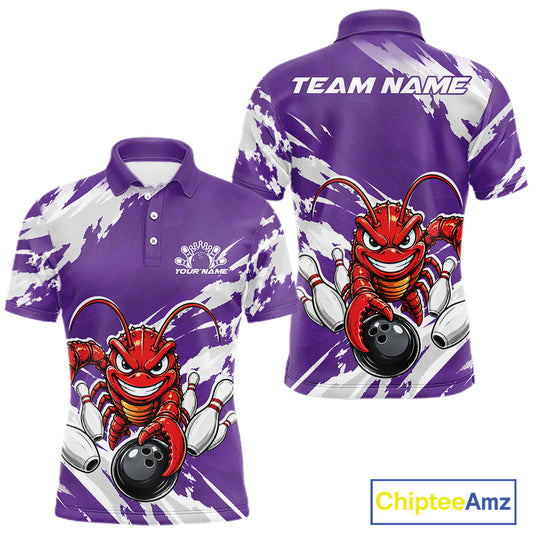 Front and back views of a purple custom men's bowling polo shirt featuring an aggressive funny crawfish playing bowling with a distressed background design.