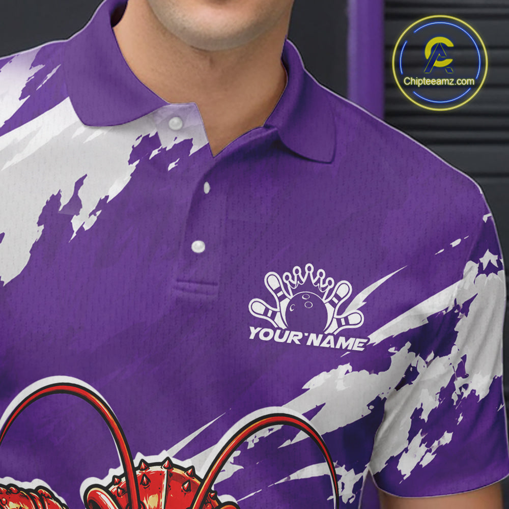 Close up front view of the left chest area on a purple custom bowling polo shirt featuring a fierce yet funny crawfish bowling character and a distressed background design.