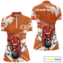 Load image into Gallery viewer, Front and back views of an orange custom women's quarter zip bowling shirt featuring an aggressive crawfish bowling design with a distressed background.