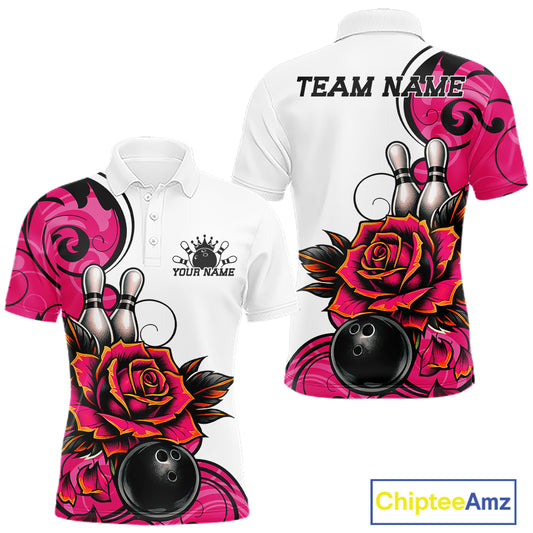 Custom Pink Rose Bowling Men Polo Shirt, Floral Bowling Team Shirt IPHW11691