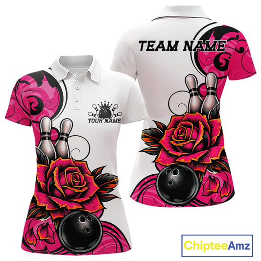 Custom Pink Rose Bowling Women Polo Shirt, Floral Bowling Team Shirt IPHW11691