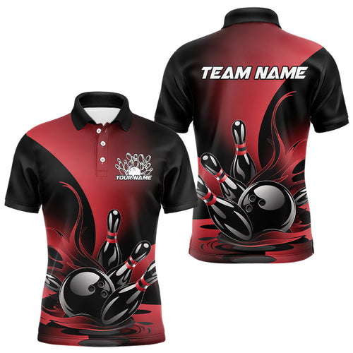 Custom Red And Black Flame Bowling Polo Shirts For Men, Bowling League Shirt Bowler Outfit IPHW8046