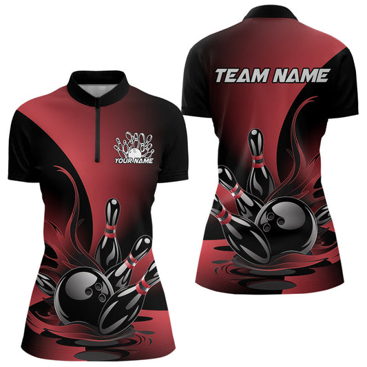 Custom Red And Black Flame Bowling Quarter-Zip Shirts For Women, Ladies Bowling Shirt IPHW8046