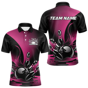 Custom Pink And Black Flame Bowling Polo Shirts For Men, Bowling League Shirt Bowler Outfit IPHW8048