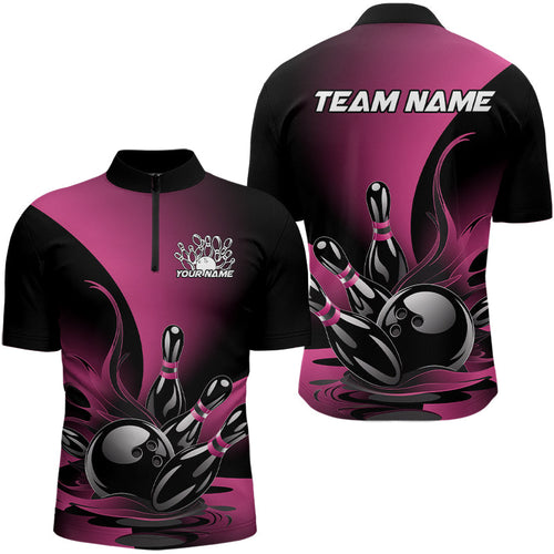 Custom Pink And Black Flame Bowling Quarter-Zip Shirts For Men, Bowling League Shirt Outfit IPHW8048