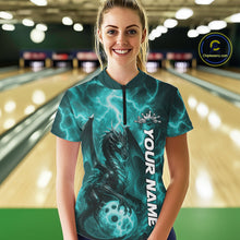 Load image into Gallery viewer, Custom Turquoise Blue Thunder Lightning Bowling Team Women Shirt, Bowling Jerseys IPHW10196
