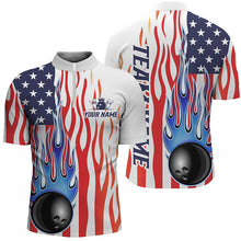 Load image into Gallery viewer, Custom Flame American Flag Bowling Shirt For Men, Patriotic Bowling Uniform Bowling League Shirts IPHW5985