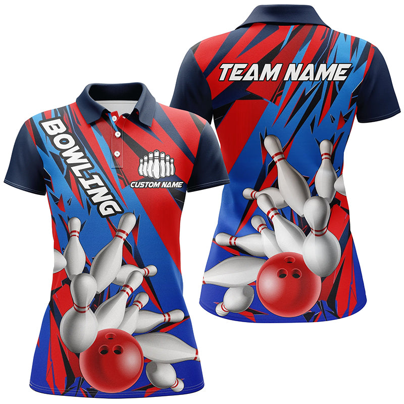 Blue And Red Custom Strike Bowling Team Shirts, Patriotic Ladies Bowling Tournament Jerseys IPHW6258