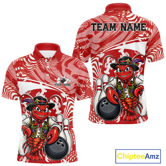 Front and back views of a red custom men's bowling polo shirt featuring a funny Cajun crawfish leaning on a bowling ball with a swamp inspired texture background.