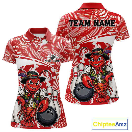 Front and back views of a red custom women's bowling polo shirt featuring a funny Cajun crawfish leaning on a bowling ball with a swamp inspired texture background.