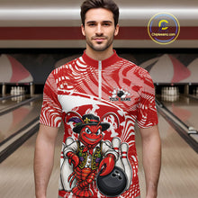 Load image into Gallery viewer, Front view of a male model in a bowling alley wearing a red custom quarter-zip bowling shirt with a funny Cajun crawfish leaning on a bowling ball and a swamp-inspired texture background.