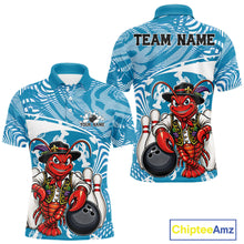 Load image into Gallery viewer, Front and back views of a blue custom men's bowling polo shirt featuring a funny Cajun crawfish leaning on a bowling ball with a swamp inspired texture background.