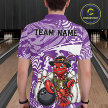 Load image into Gallery viewer, Back view of a male model in a bowling alley wearing a purple custom bowling polo shirt with a funny Cajun crawfish leaning on a bowling ball and a swamp inspired texture background.