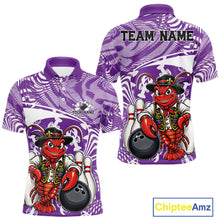 Load image into Gallery viewer, Front and back views of a purple custom men's bowling polo shirt featuring a funny Cajun crawfish leaning on a bowling ball with a swamp inspired texture background.
