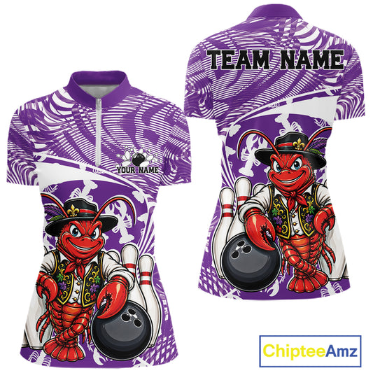 Front and back views of a purple custom women's quarter-zip bowling shirt featuring a funny Cajun crawfish leaning on a bowling ball with a swamp-inspired texture background.