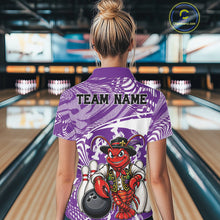 Load image into Gallery viewer, Back view of a female model in a bowling alley wearing a purple custom quarter-zip bowling shirt with a funny Cajun crawfish leaning on a bowling ball and a swamp-inspired texture background.