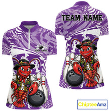 Load image into Gallery viewer, Front and back views of a purple custom women's quarter-zip bowling shirt featuring a funny Cajun crawfish leaning on a bowling ball with a swamp-inspired texture background.