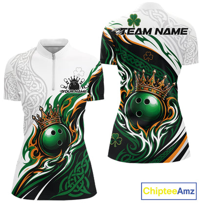 Custom Green Irish Tribal Pattern Bowling Ball With Crown Women Quarter-Zip Team Shirt IPHW11696