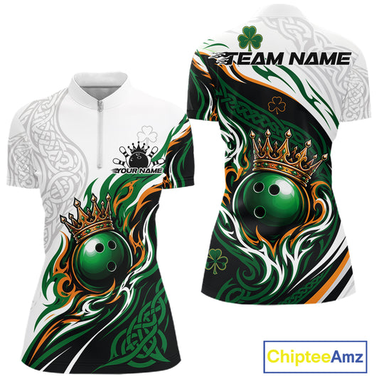 Custom Green Irish Tribal Pattern Bowling Ball With Crown Women Quarter-Zip Team Shirt IPHW11696