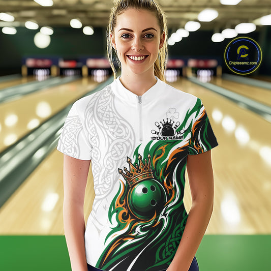 Custom Green Irish Tribal Pattern Bowling Ball With Crown Women Quarter-Zip Team Shirt IPHW11696