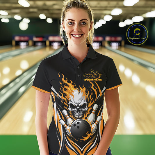Custom Yellow Flame Skull Bowling Women Polo Shirt, Halloween Bowling Jersey IPHW11699