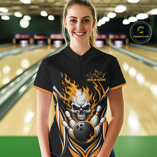 Custom Yellow Flame Skull Bowling Women Quarter-Zip Shirt, Halloween Bowling Jersey IPHW11699