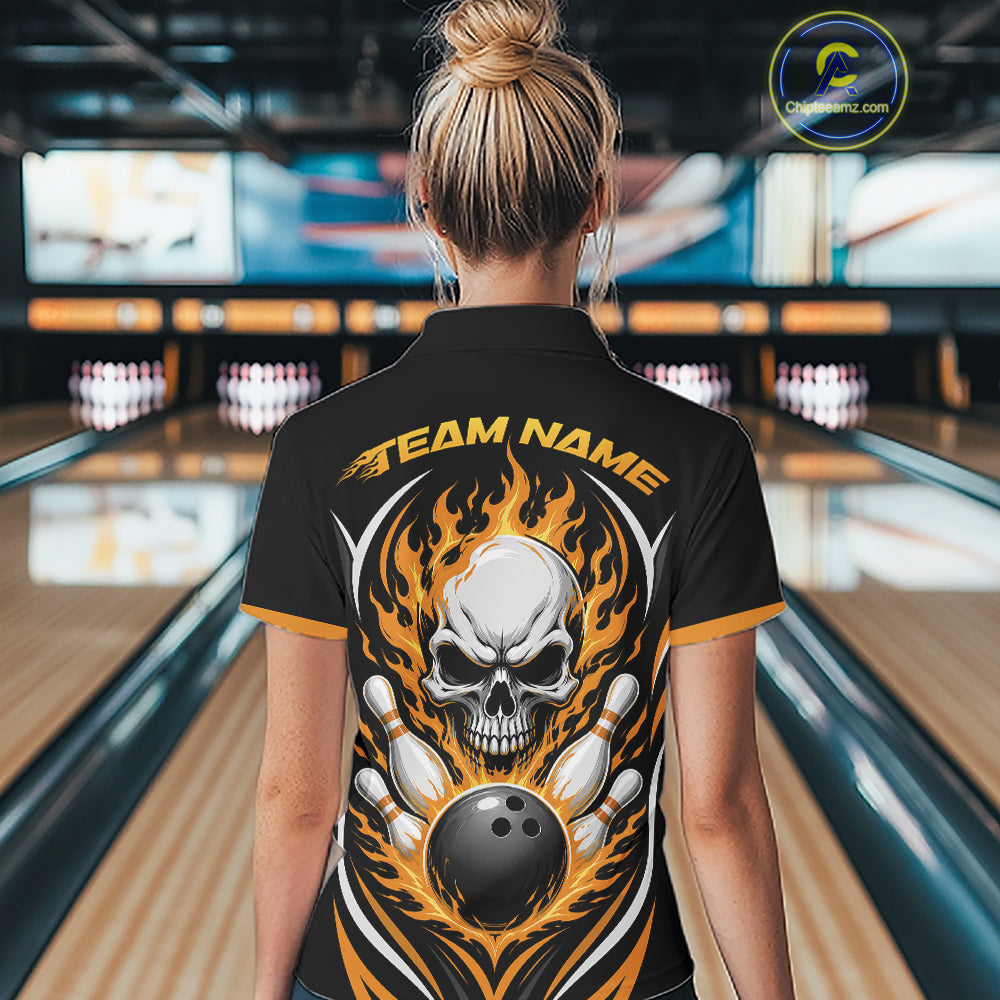 Custom Yellow Flame Skull Bowling Women Quarter-Zip Shirt, Halloween Bowling Jersey IPHW11699