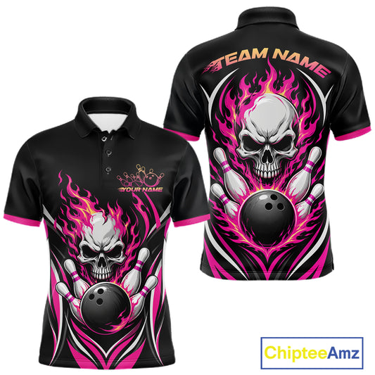 Custom Pink Flame Skull Bowling Men Polo Shirt, Halloween Bowling Jersey IPHW11700