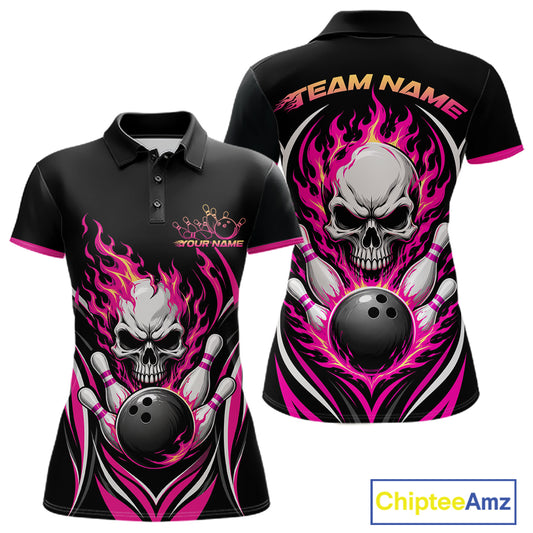 Custom Pink Flame Skull Bowling Women Polo Shirt, Halloween Bowling Jersey IPHW11700