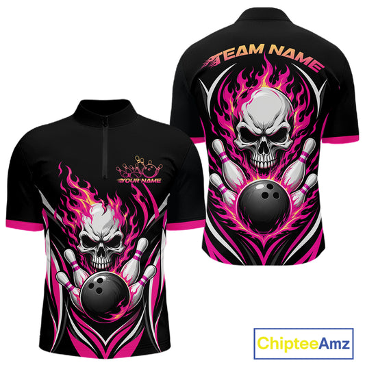 Custom Pink Flame Skull Bowling Men Quarter Zip Shirt, Halloween Bowling Jersey IPHW11700
