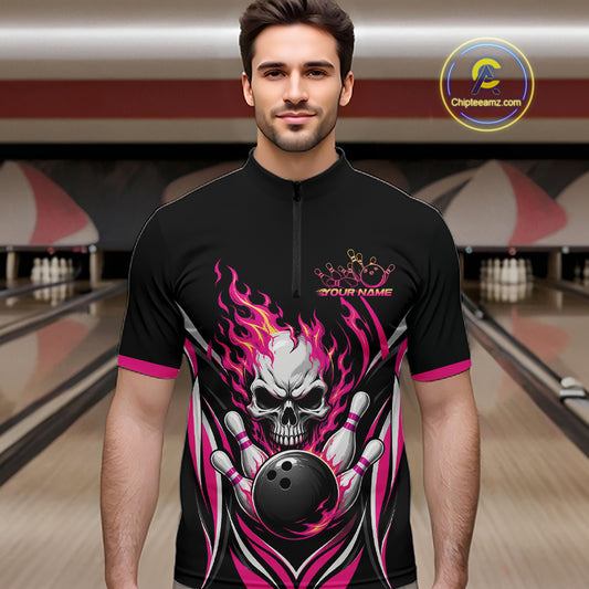 Custom Pink Flame Skull Bowling Men Quarter Zip Shirt, Halloween Bowling Jersey IPHW11700