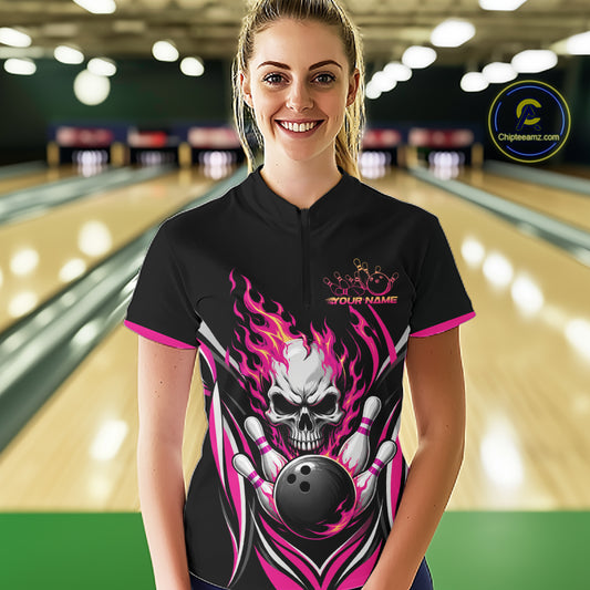 Custom Pink Flame Skull Bowling Women Quarter-Zip Shirt, Halloween Bowling Jersey IPHW11700