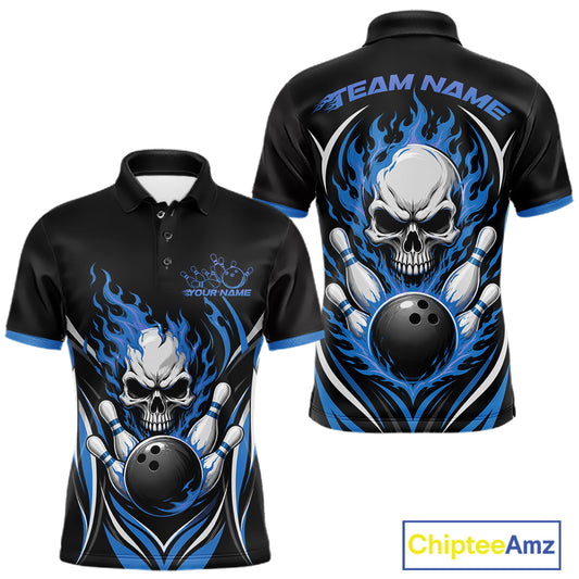 Custom Blue Flame Skull Bowling Men Polo Shirt, Halloween Bowling Jersey IPHW11701
