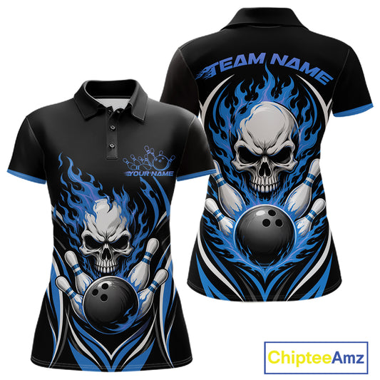 Custom Blue Flame Skull Bowling Women Polo Shirt, Halloween Bowling Jersey IPHW11701