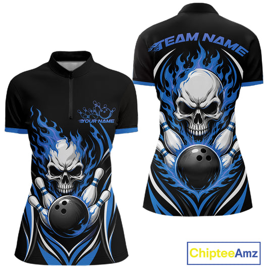 Custom Blue Flame Skull Bowling Women Quarter-Zip Shirt, Halloween Bowling Jersey IPHW11701