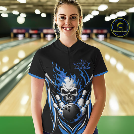 Custom Blue Flame Skull Bowling Women Quarter-Zip Shirt, Halloween Bowling Jersey IPHW11701