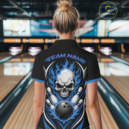 Custom Blue Flame Skull Bowling Women Quarter-Zip Shirt, Halloween Bowling Jersey IPHW11701